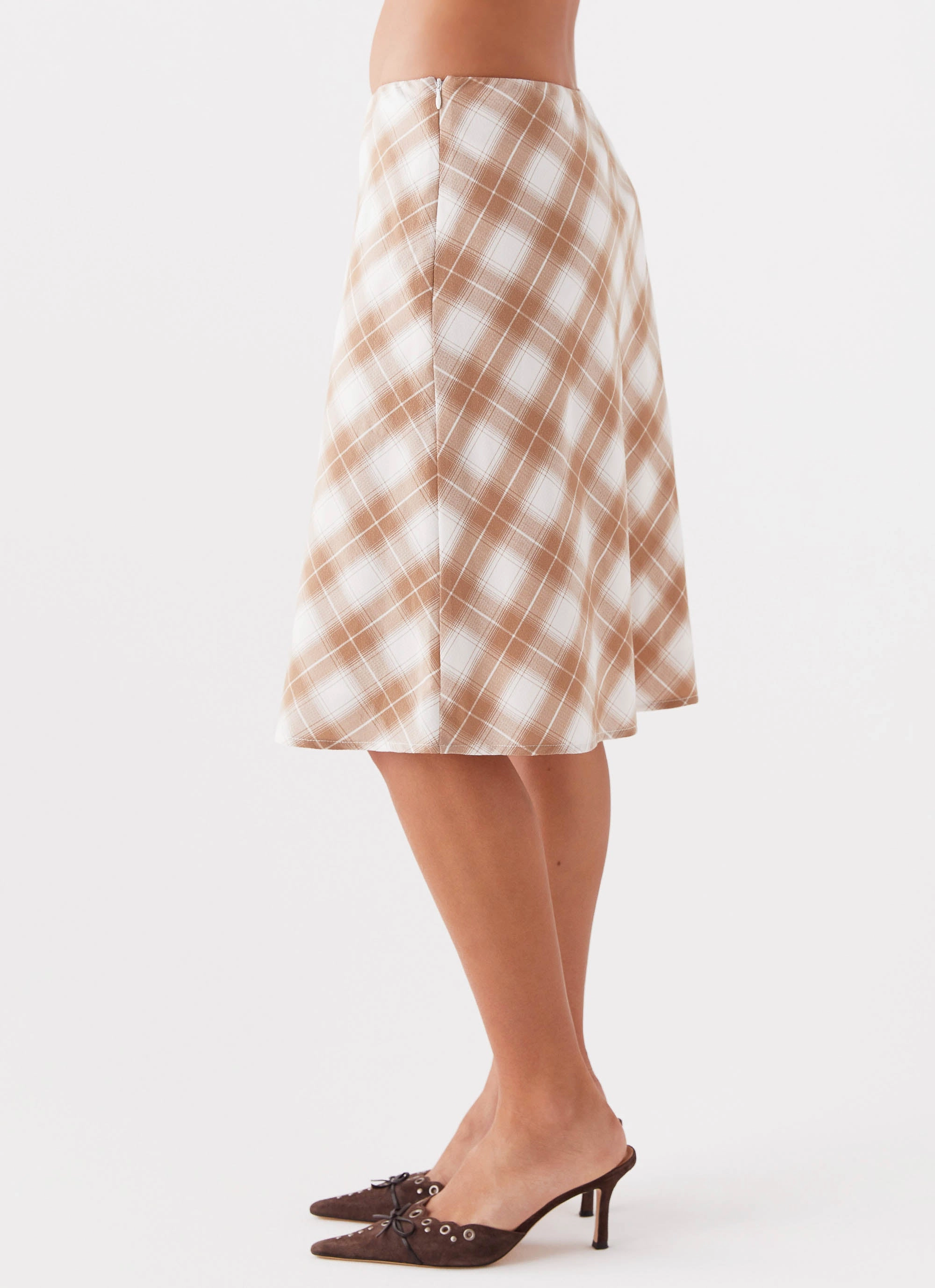 Knitted Fabric Quick Fit Andie Midi Skirt - Brown/White Plaid