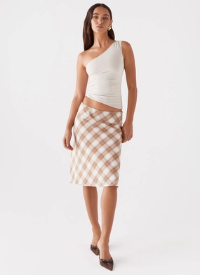 Adjustable Ties Andie Midi Skirt - Brown/White Plaid