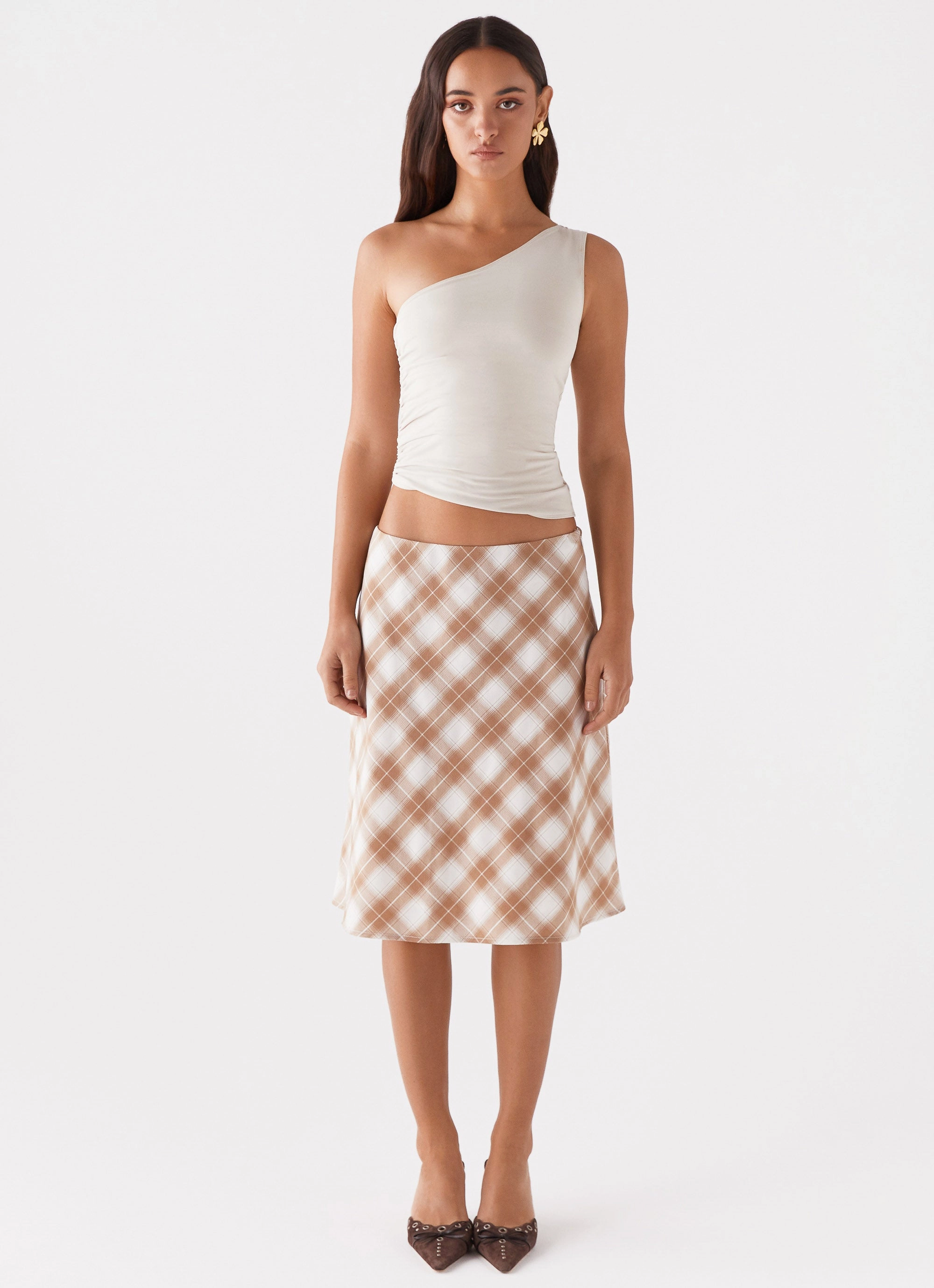 City Wear Andie Midi Skirt - Brown/White Plaid