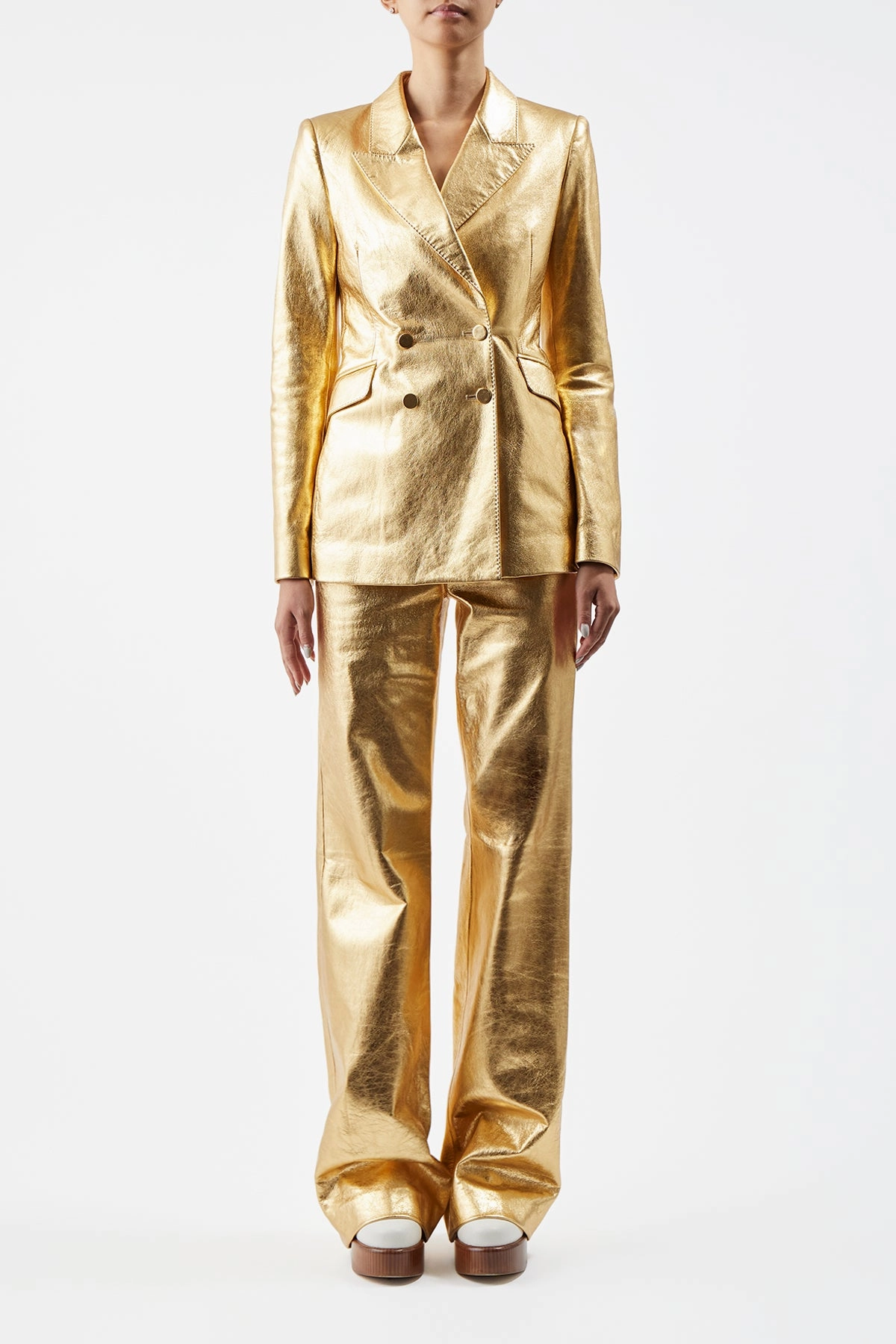 Angela Blazer in Gold Metallic Nappa Leather Chic Comfort Tailored Fit Design