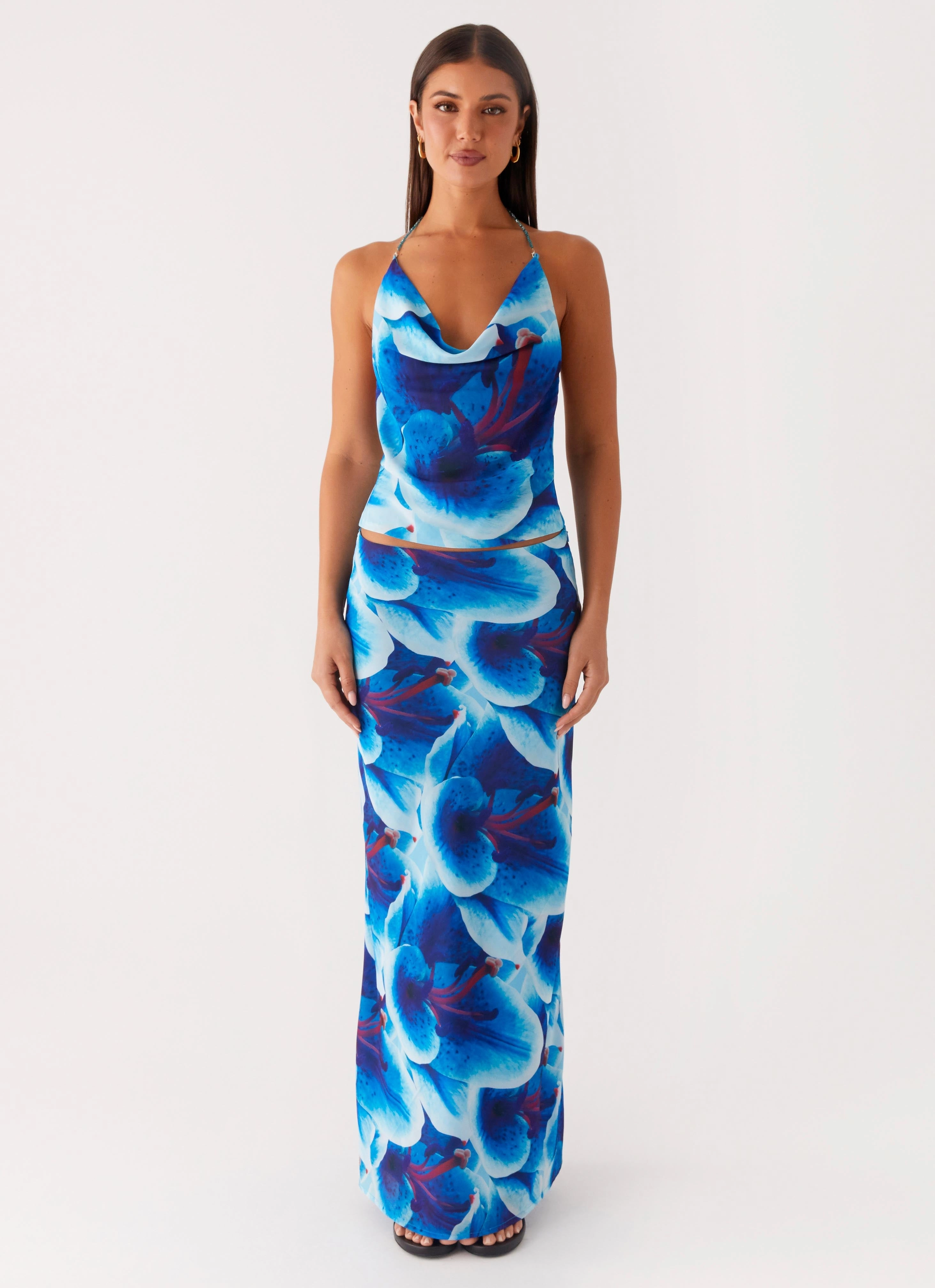 Another Life Chiffon Maxi Skirt - Turquoise Floral Functional Fashion