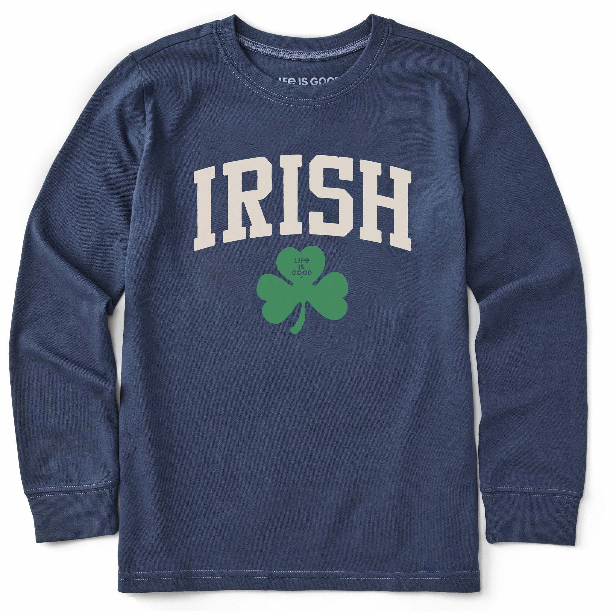 Kids Irish Clover Long Sleeve Crusher Tee Ribbed Neckline Sleek Waistband