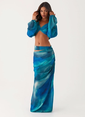 Linen blend Austin Cut Out Maxi Skirt - Blue Tie Dye
