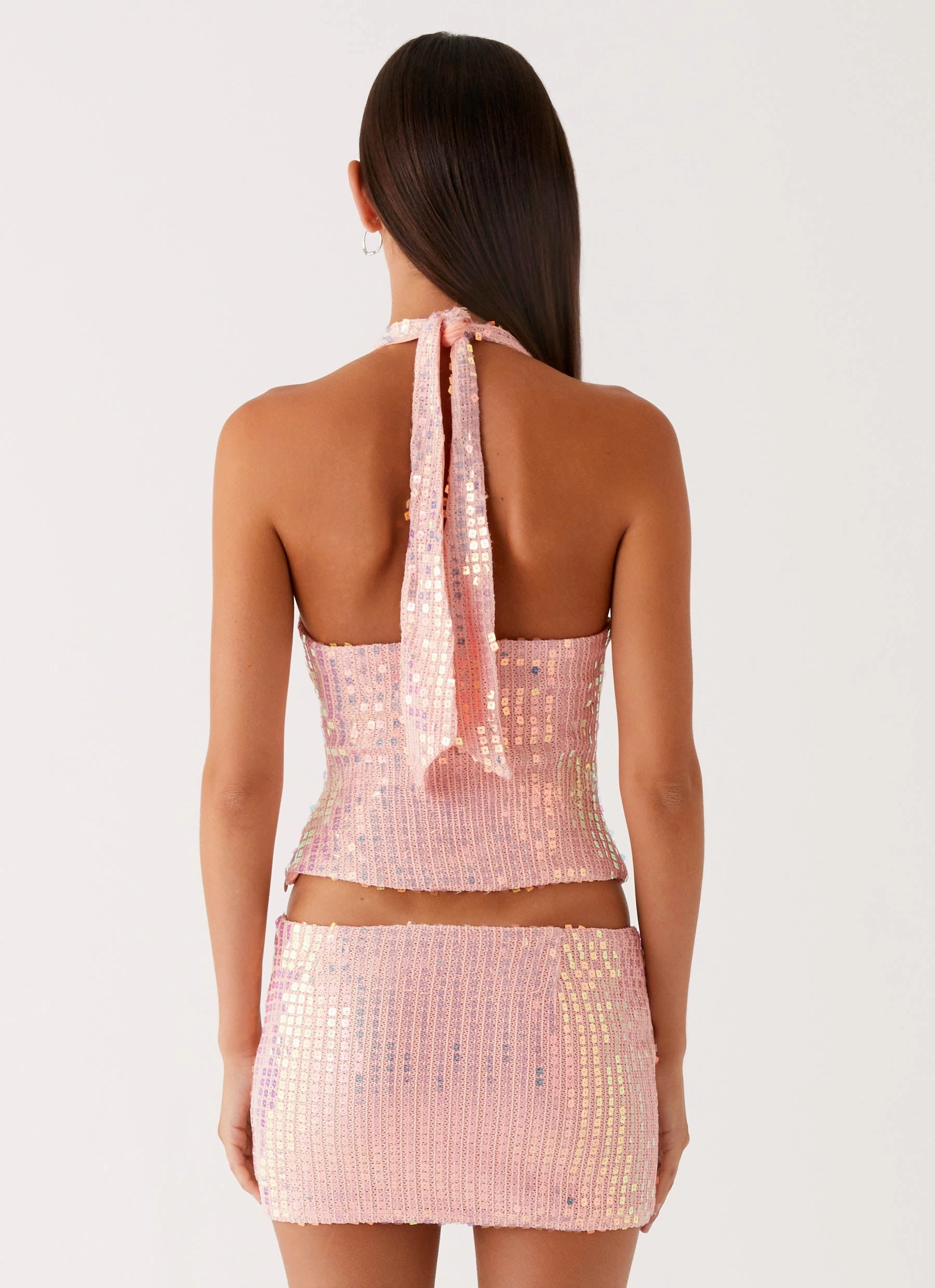 Been That Girl Knit Sequin Mini Skirt - Iridescent Pink Satin feel