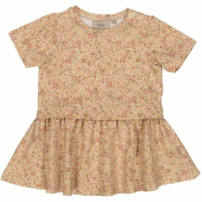 Dress Adea - barely beige small flowers Flap-Detail Compact Fit
