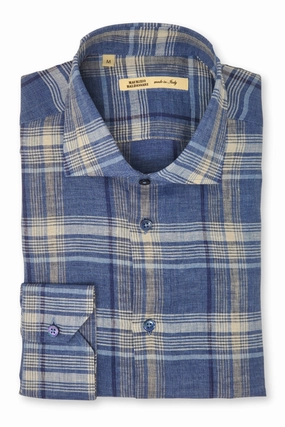 Blue Linen Plaid Shirt Classic Bold