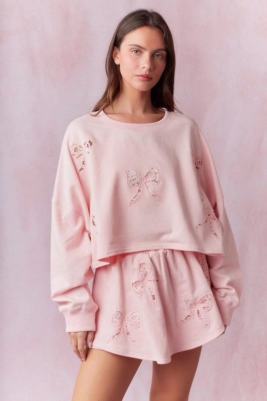 Cozy Wear Chilly Layer Look Bow Lace Laser Cut Embellished French Terry Top