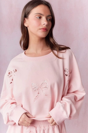 Comfy Waistband Bow Lace Laser Cut Embellished French Terry Top