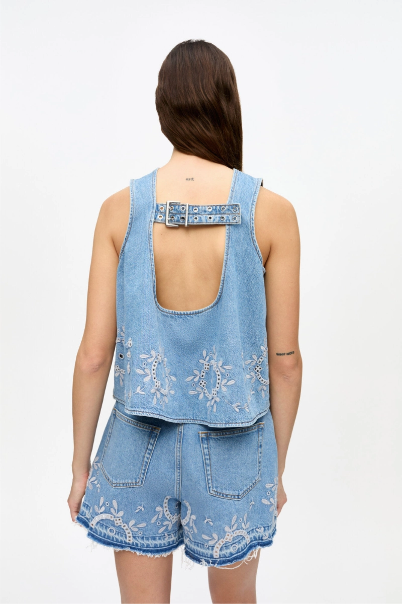 Broderie Anglaise Denim Top Simple and Comfortable Simple Wear