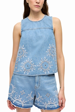 Stylish and Easygoing Broderie Anglaise Denim Top