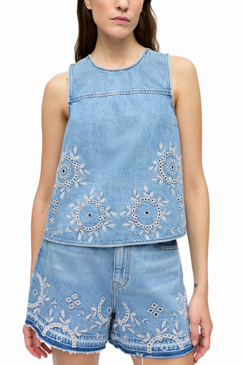 Stylish and Easygoing Broderie Anglaise Denim Top