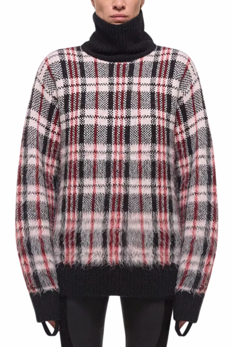 Reinforced Shoulder Design Seasonal Comfort Brushed Plaid Turtleneck Sweater