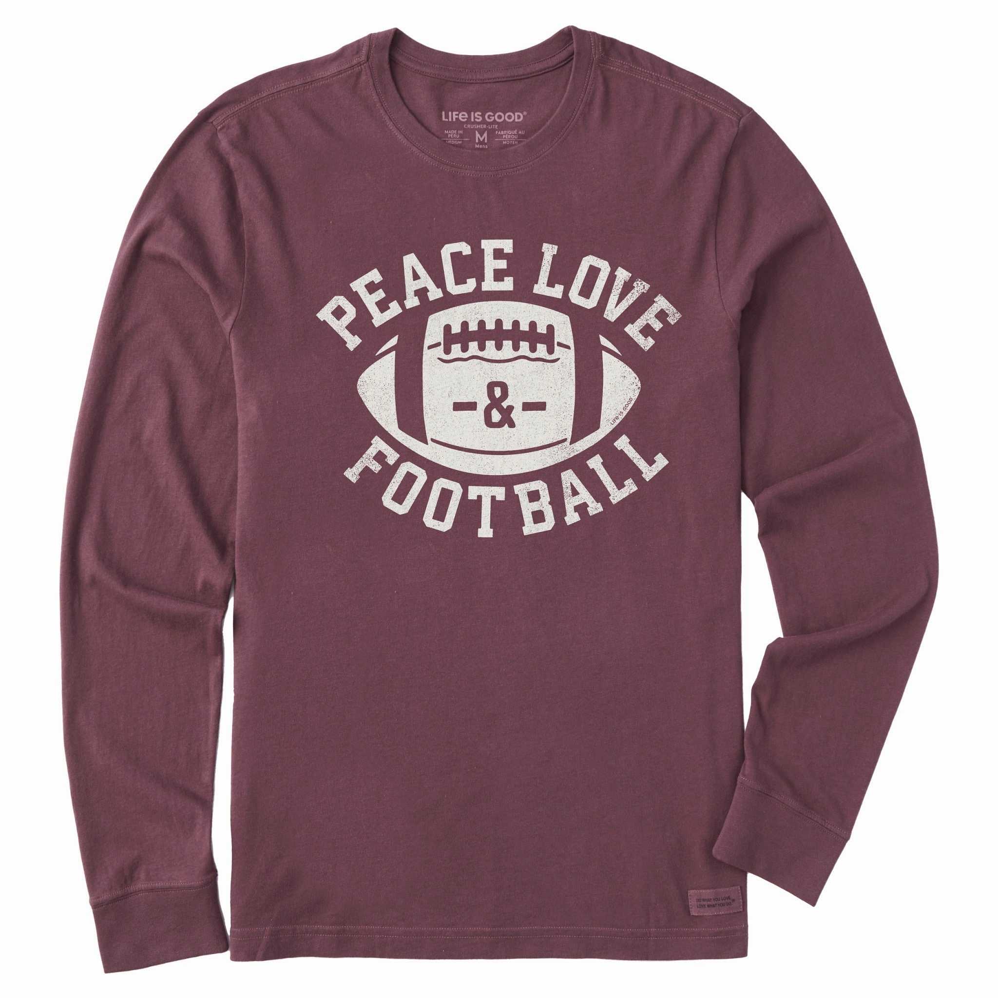 Men's Peace Love Football Long Sleeve Crusher Tee Soft and Flexible AntiStaticFinish