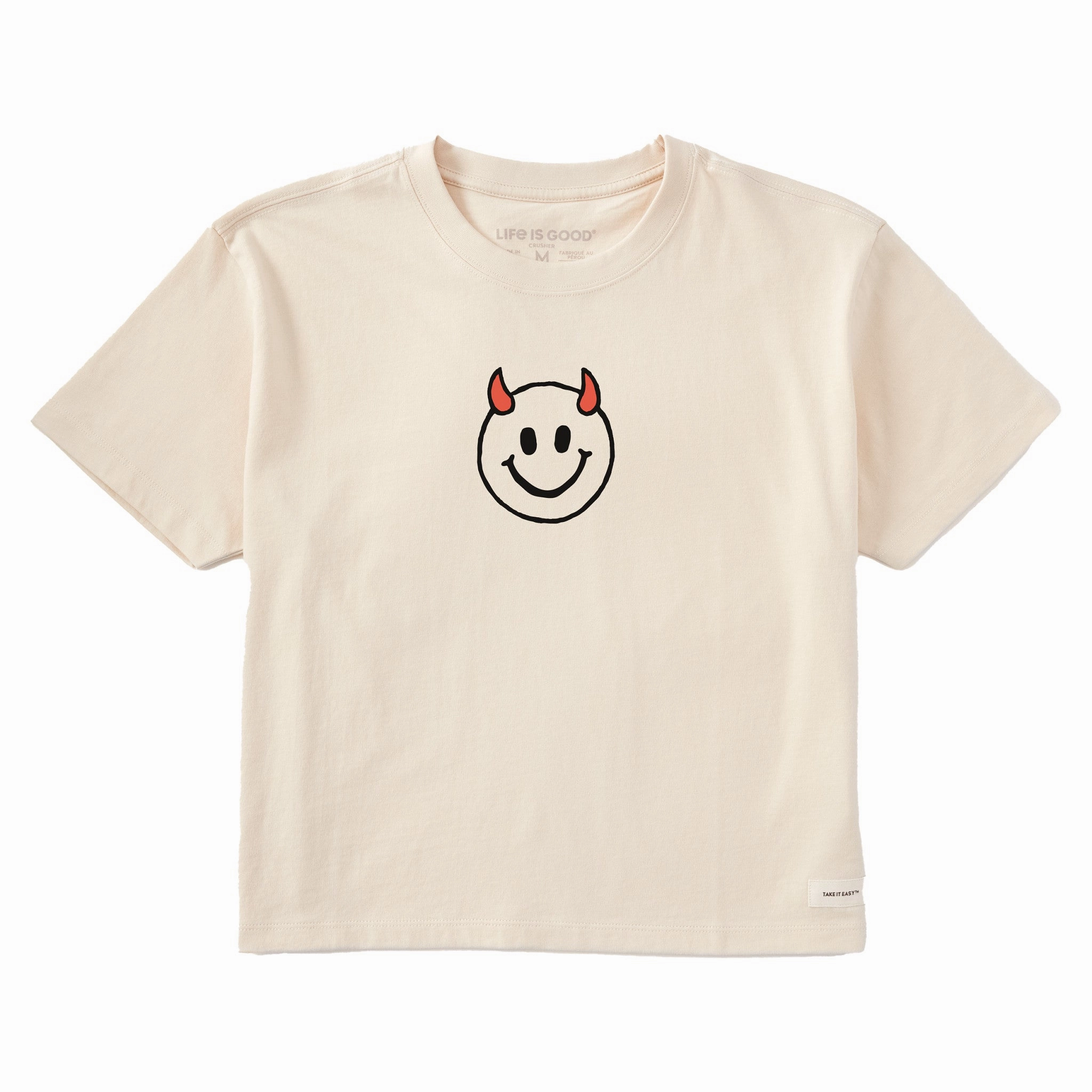 Double Stitched Seams Women's Smile Devil Short Sleeve Crusher Boxy Tee