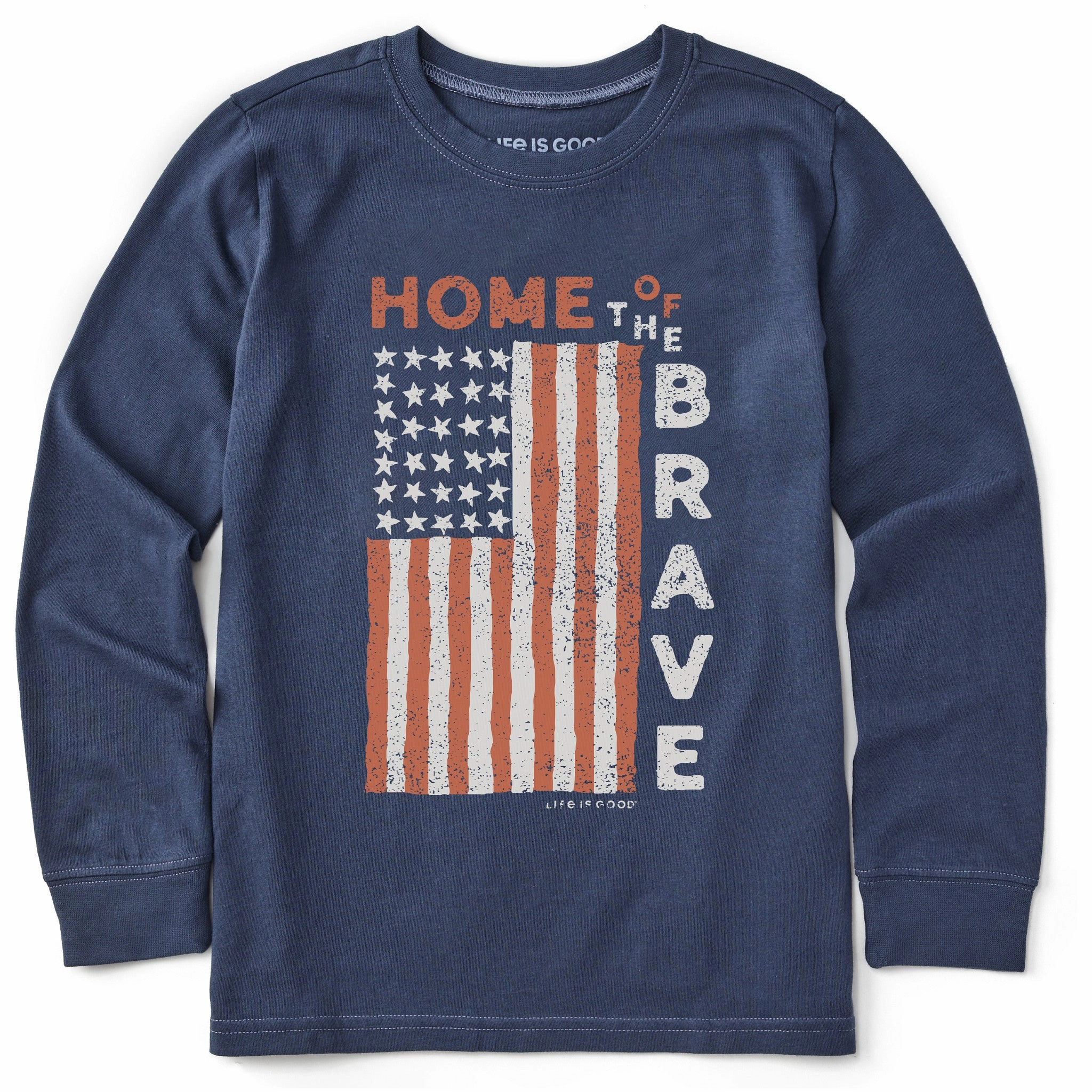 Holiday Outfit Style Camping attire Kids Home of the Brave Raggedy Flag Long Sleeve Crusher Tee