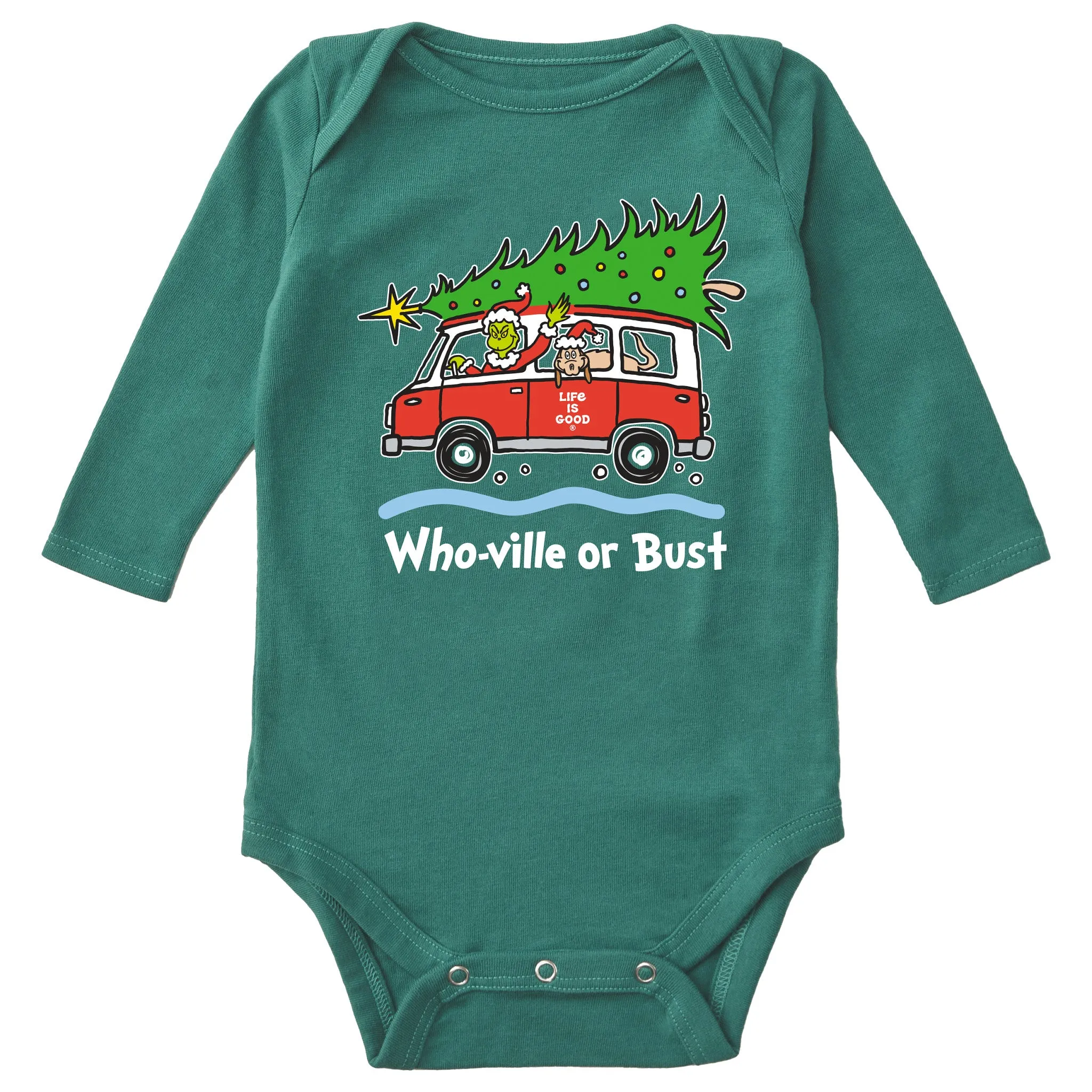 Trendy Basics Casual Layer Wear Infant Grinch and Max Who-Ville Or Bust Long Sleeve Crusher Baby Bodysuit