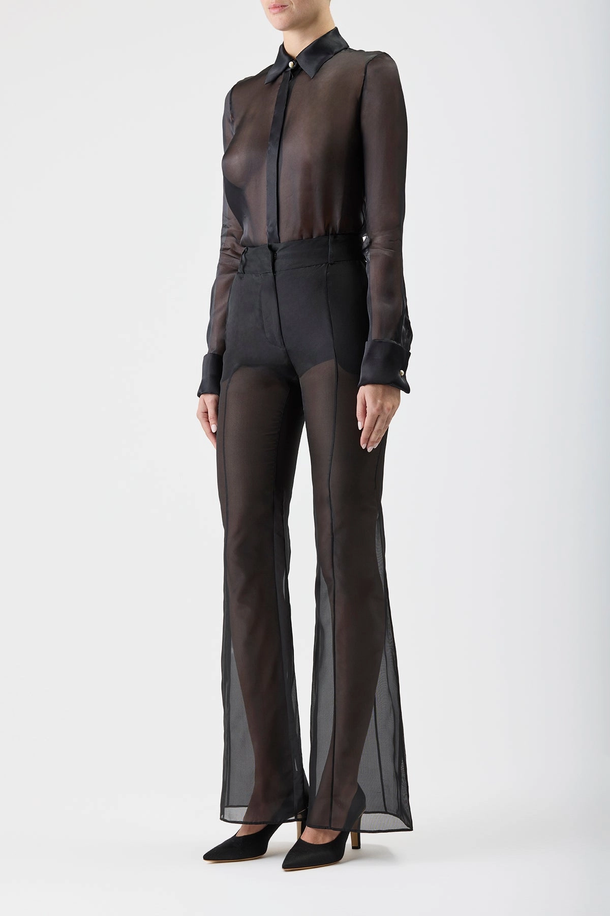 Relaxed Fit Refined Office Wear Rhein Sheer Pant in Black Silk Organza