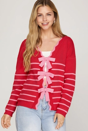 Knitwear Design Simple Knitwear Long Sleeve Striped Bow Detail Reversible Sweater Cardigan