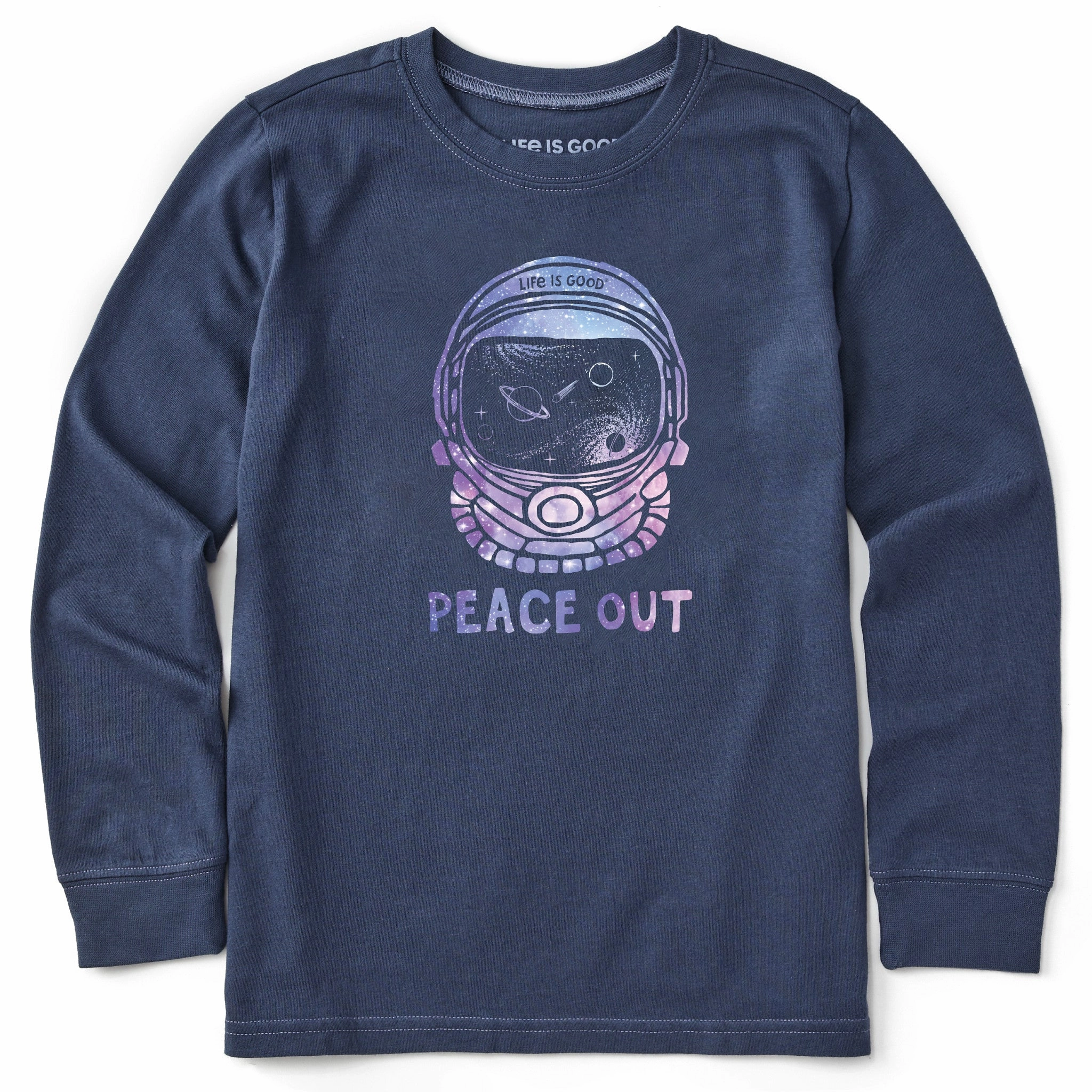 Kids Peace Out Space Helmet Long Sleeve Crusher Tee Flexible Shoulder Seams