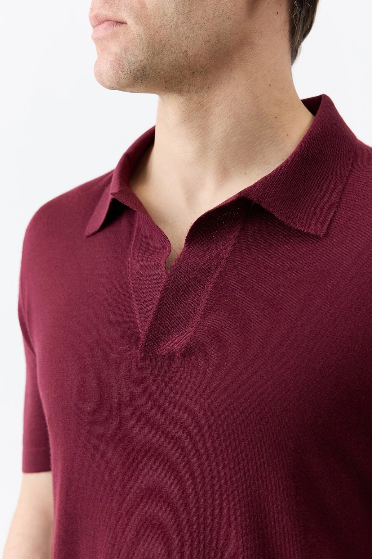 Stendhal Knit Short Sleeve Polo in Bordeaux Cashmere Twisted Cable Pattern QuickDry Weave