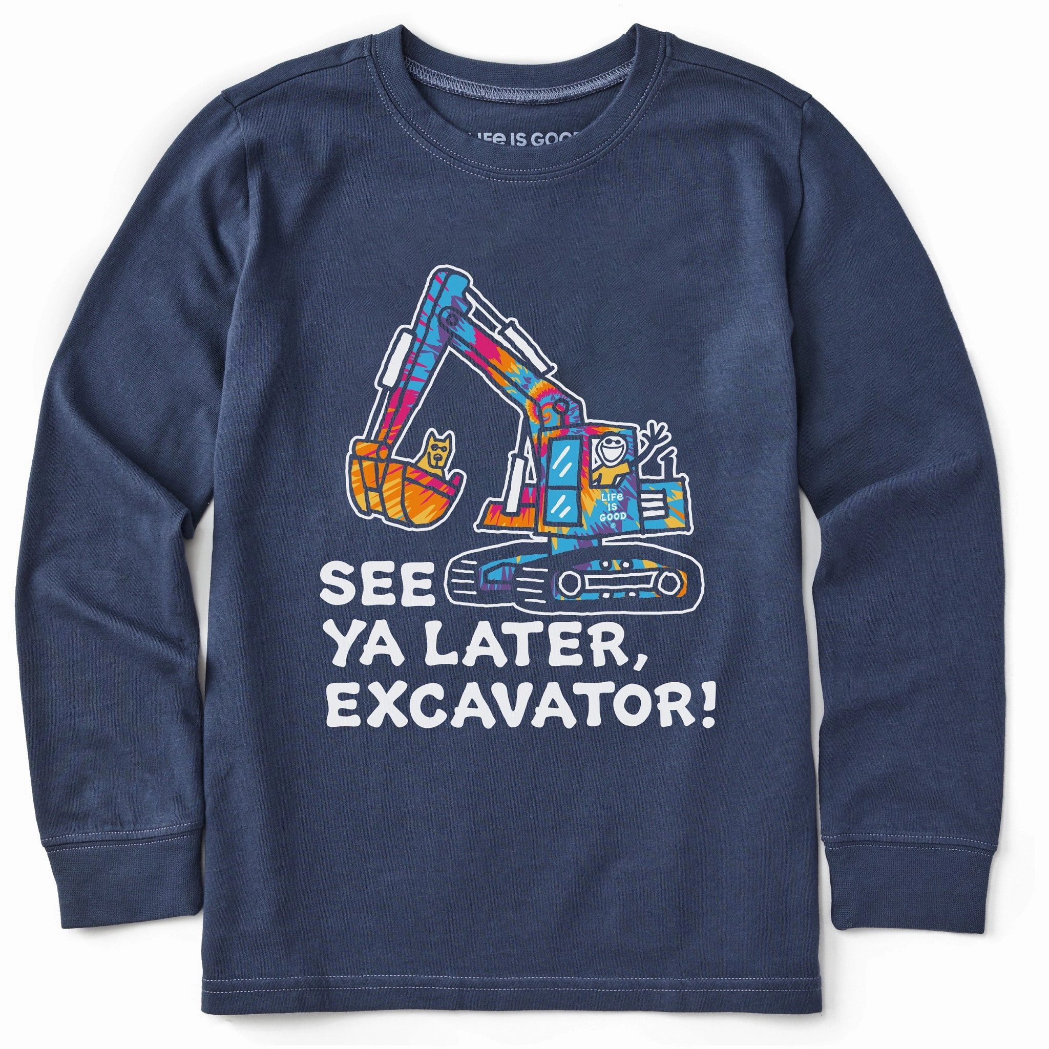 Kids Tie Dye See You Later Excavator Long Sleeve Crusher Tee DoubleStitchedHem Garment Dyed Finish
