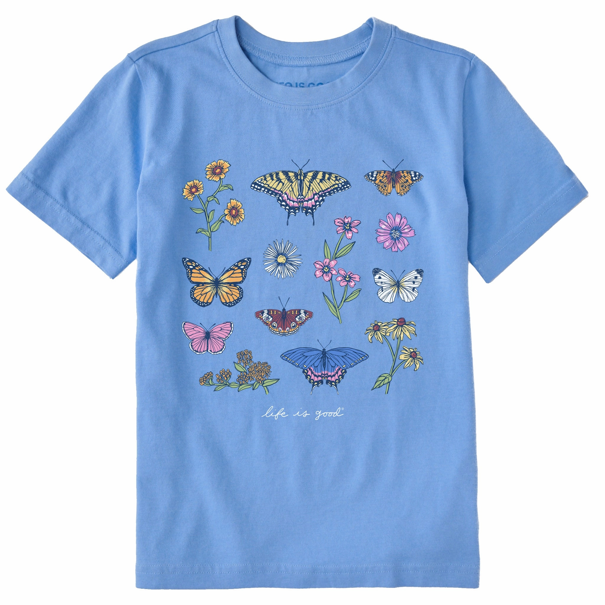 Kids Butterflies and Wildflowers Short Sleeve Crusher Tee Layered Sleeve Construction Perfect for Travel