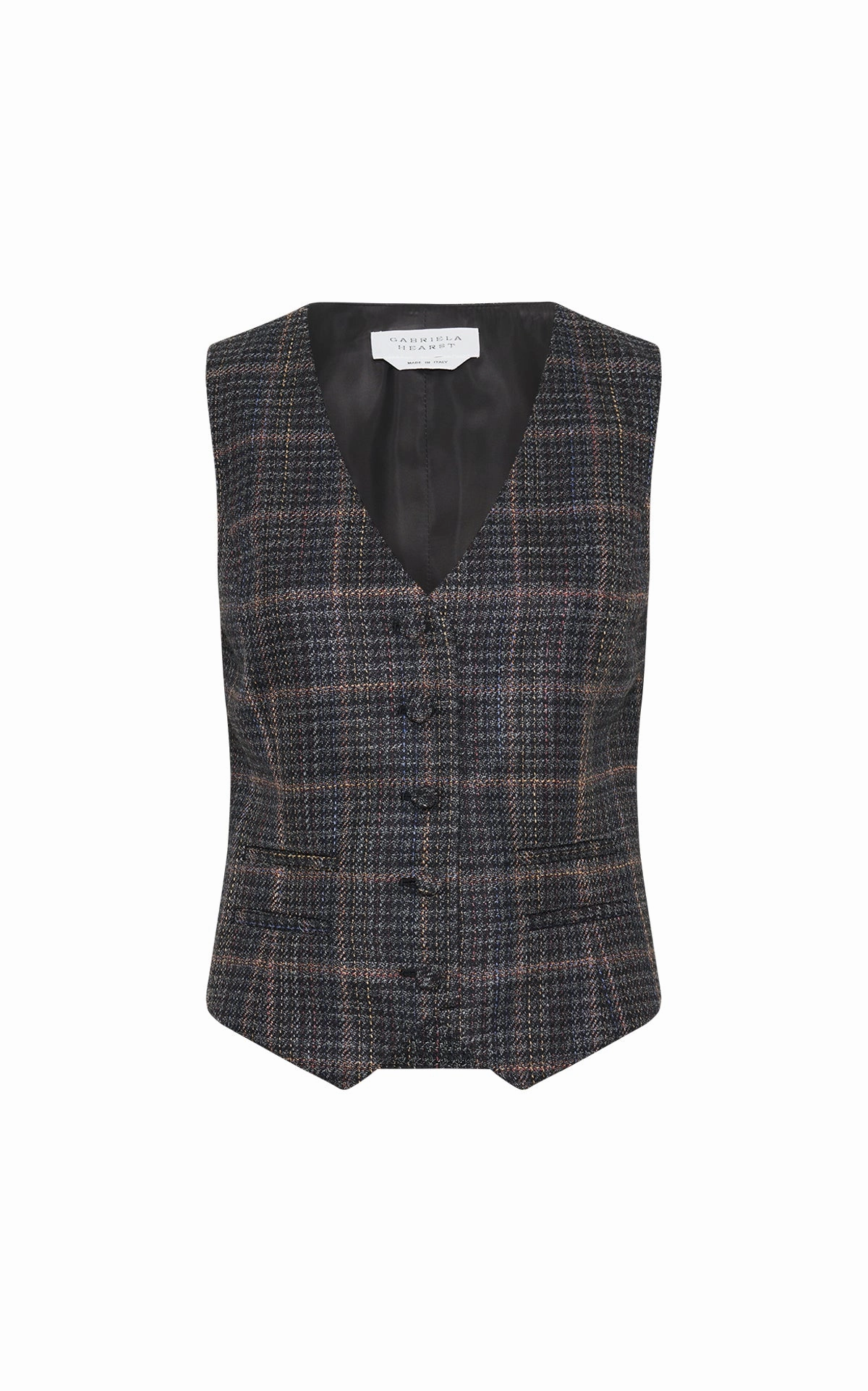 Work Wear Contemporary Cut Coleridge Vest in Charcoal Multi Wool Silk Clubcheck Plaid
