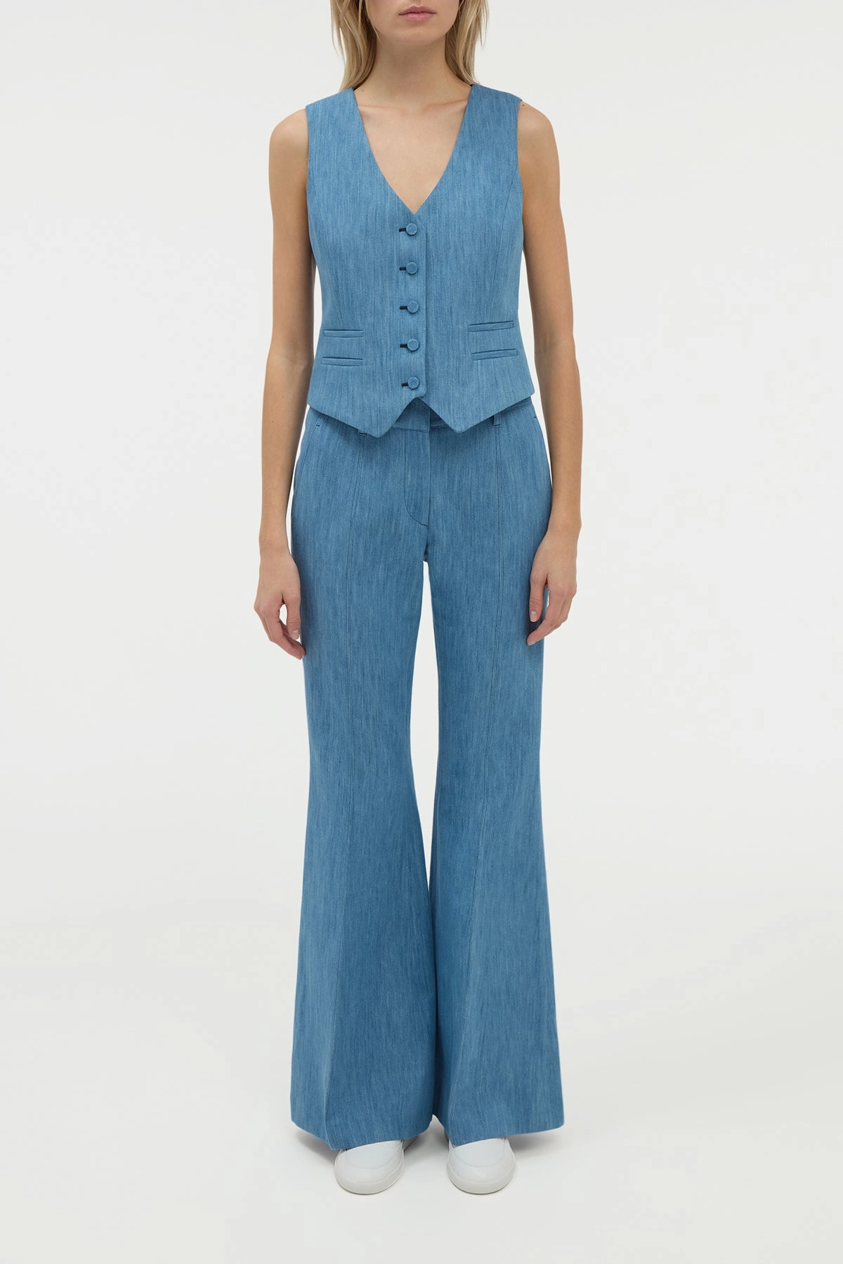 Refined Professional Coleridge Vest in Medium Blue Recycled Cotton Linen Denim