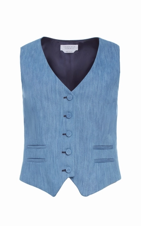 Coleridge Vest in Medium Blue Recycled Cotton Linen Denim Fit For Comfort