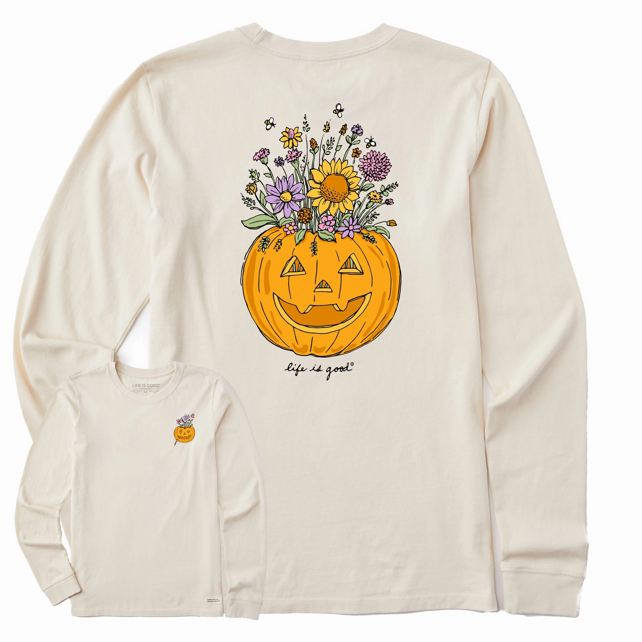 Women's Jack-o-Fall Flowers Long Sleeve Crusher Tee Fade Resistant Dye Layered Collar Structure