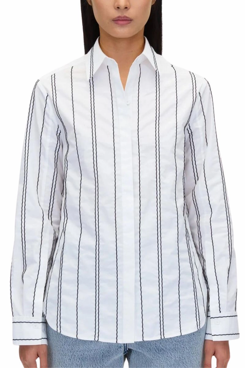 Poplin Shirt with Wave Embroidery Durable Buttons