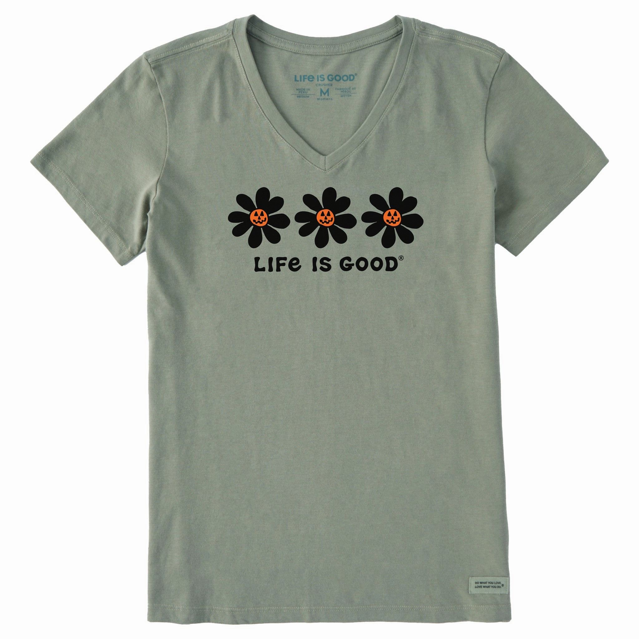 Machine washable Hypoallergenic Textile Women's Jack O Lantern Daisies Short Sleeve Crusher Vee