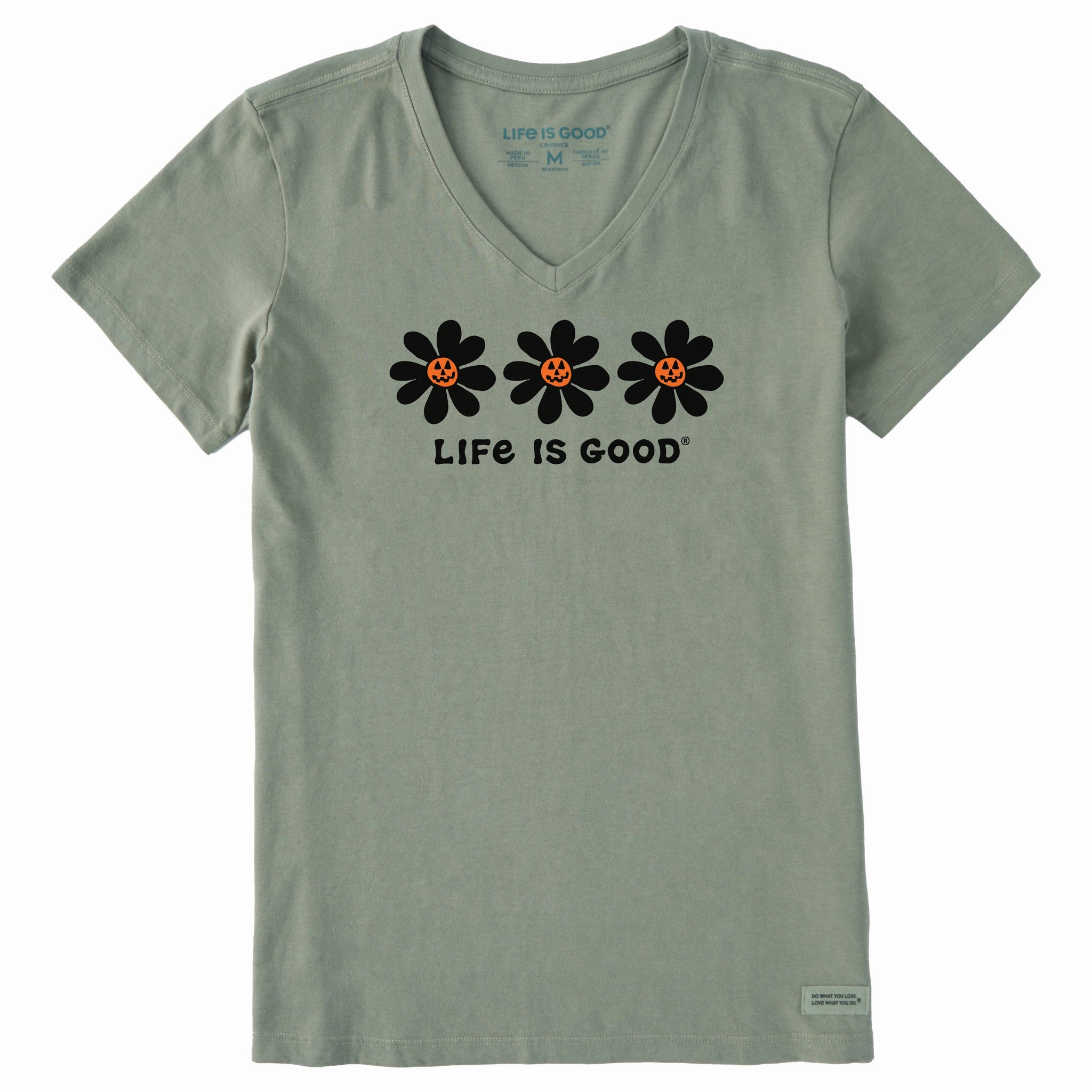 Holiday Style Trend Women's Jack O Lantern Daisies Short Sleeve Crusher Vee