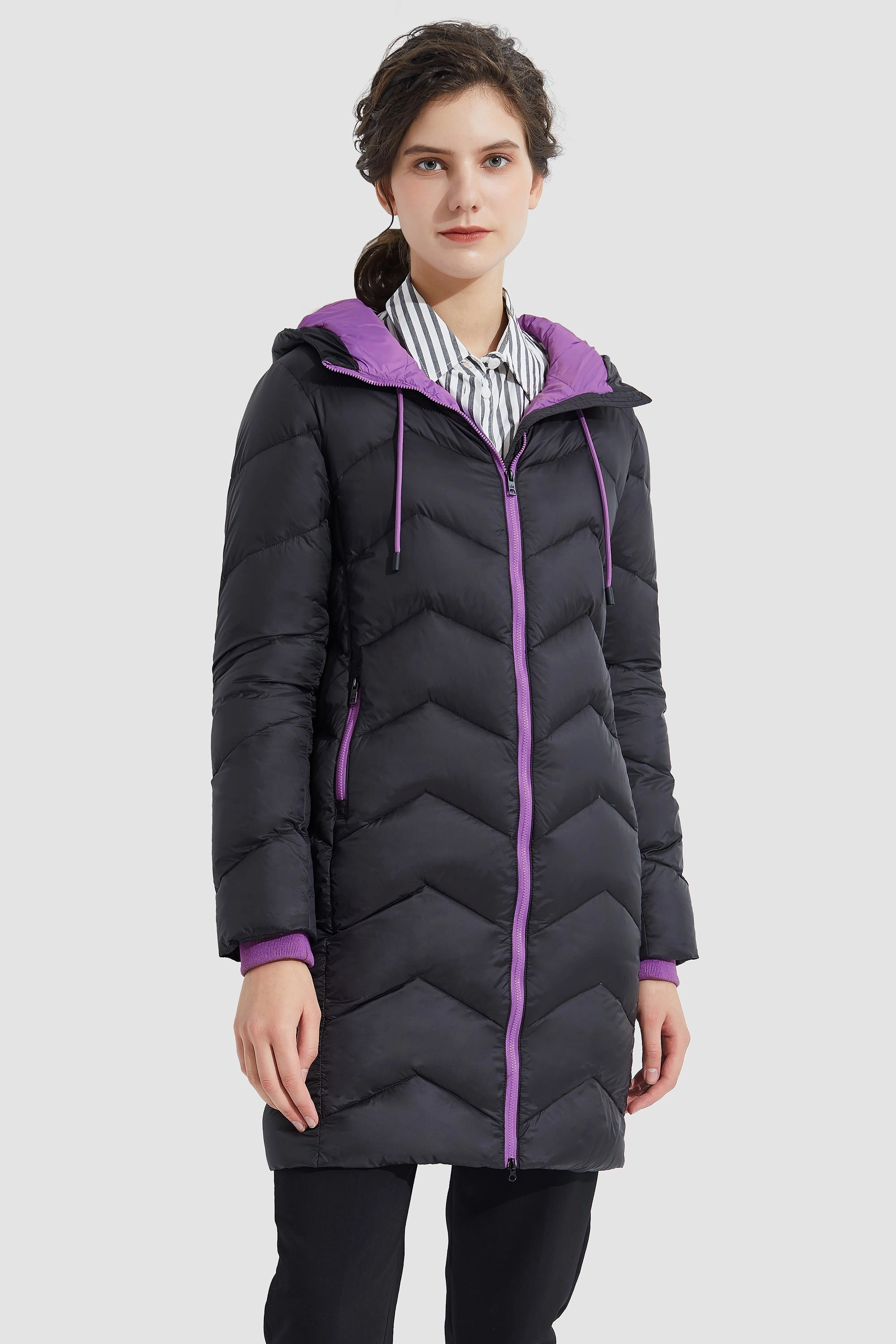 ElasticWaistband Contrast Color Hooded Down Coat