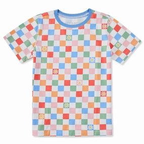 Kids Daisy Checkerboard Pattern Short Sleeve Crusher Tee Sporty Layer Fashion Fit