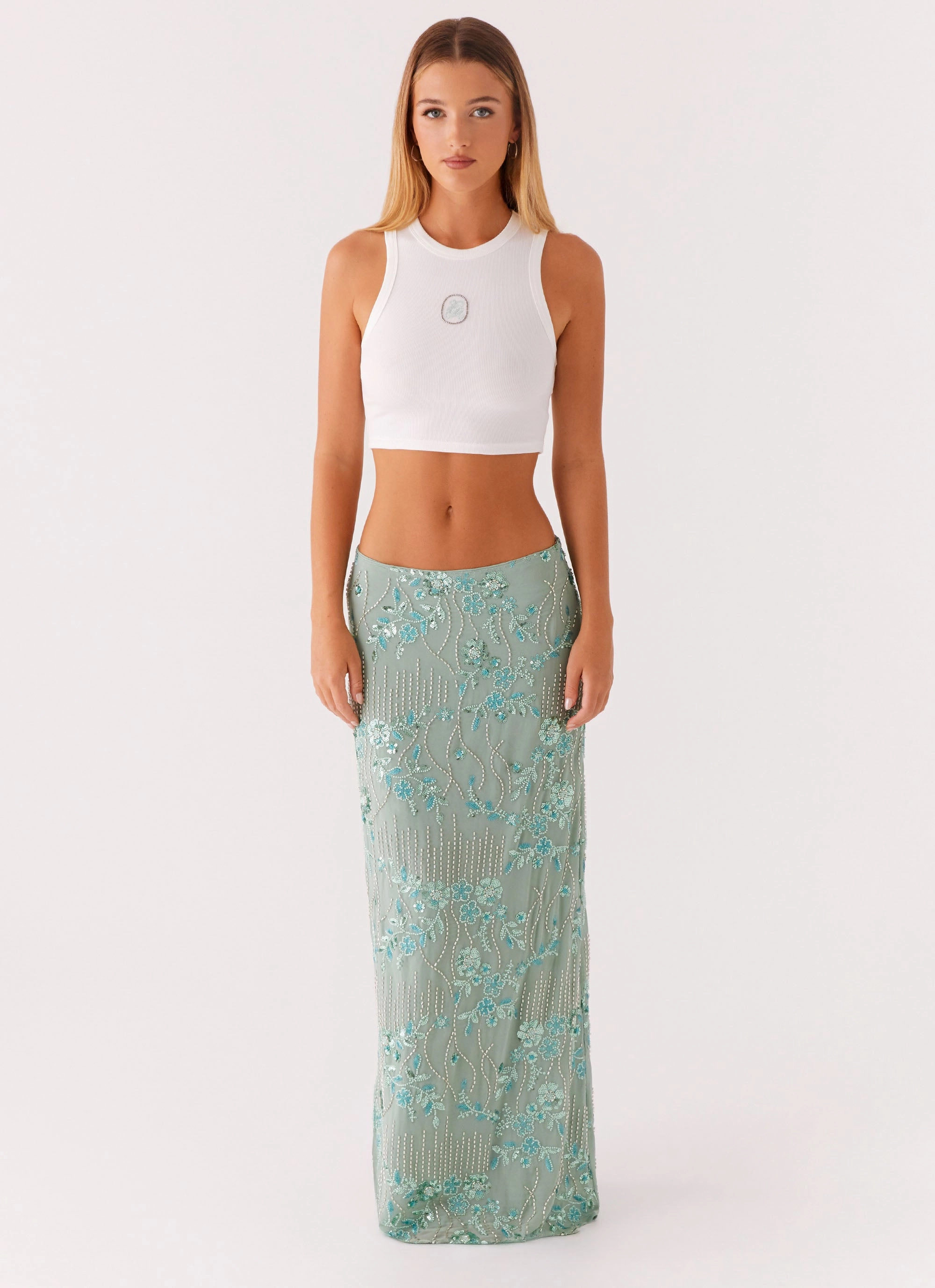 Corinna Low Rise Sequin Maxi Skirt - Mint flowy silhouette