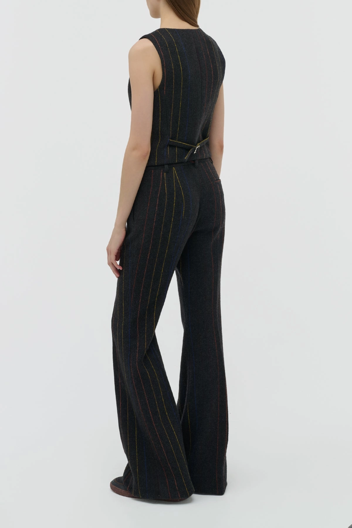 Comfort Fit Multi Functional Pockets Rhein Flare Pant in Charcoal Multi Pinstripe Wool Cashmere