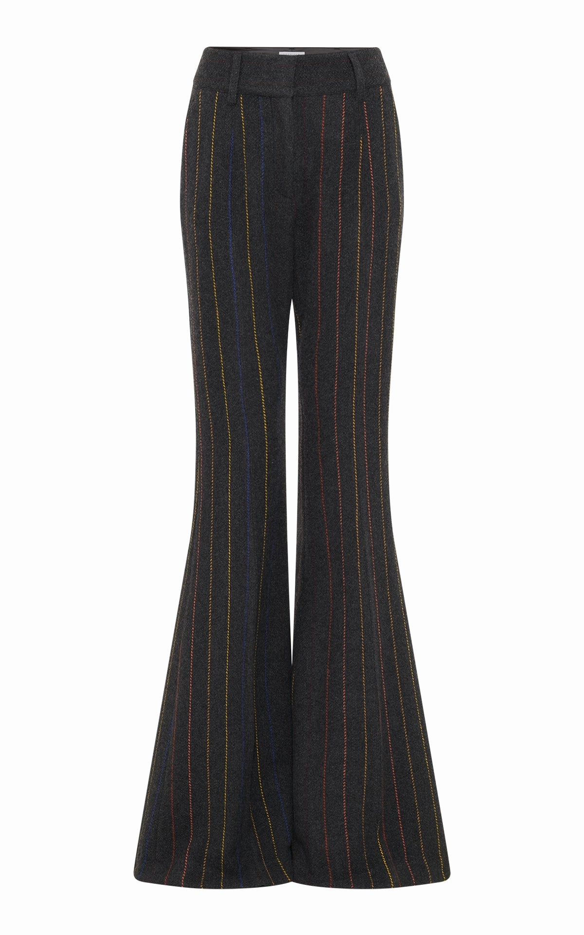 Luxury Finish Sleek and Sharp Rhein Flare Pant in Charcoal Multi Pinstripe Wool Cashmere
