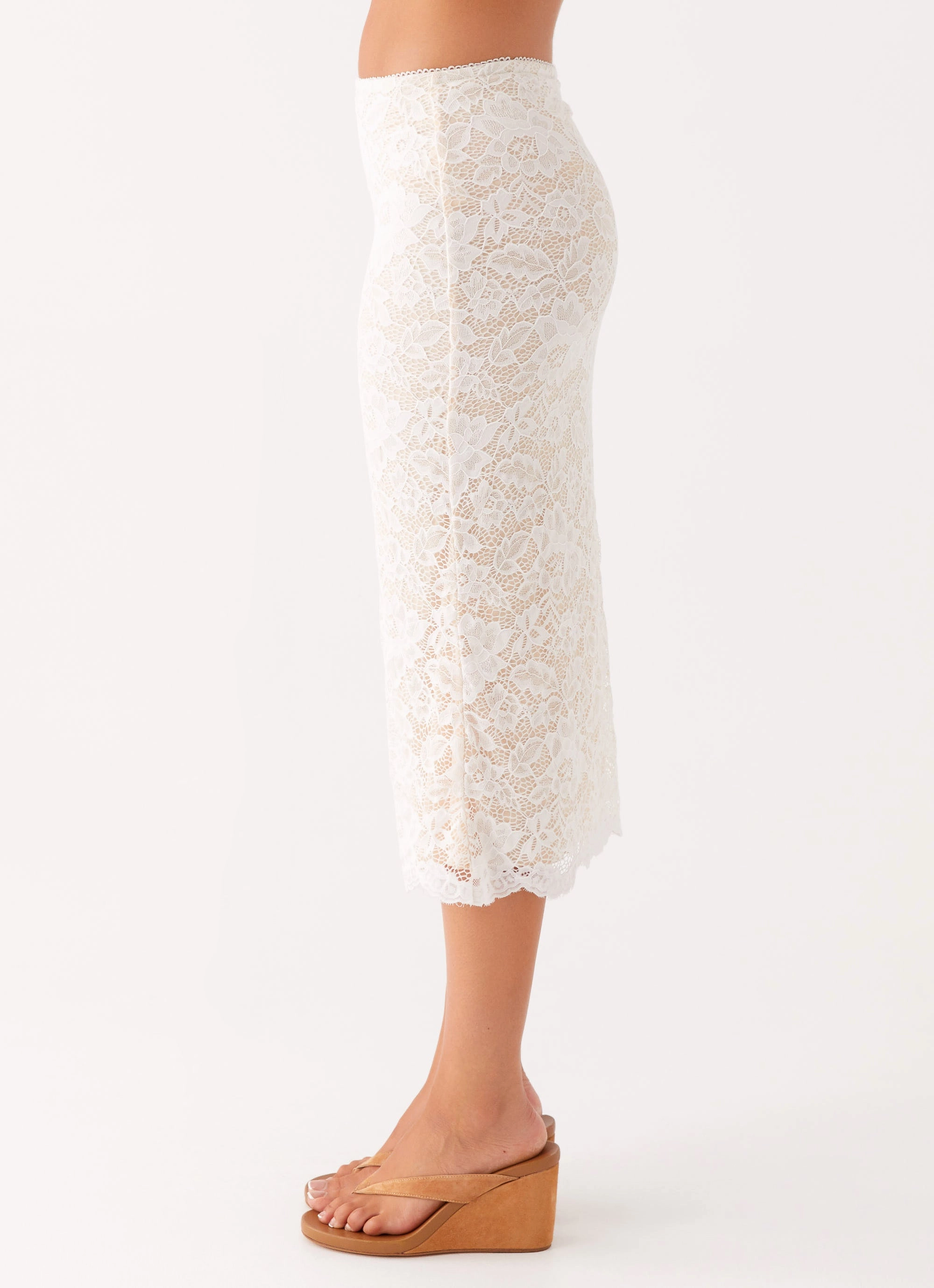 Performance Wear Tonal Look Crystal Clear Lace Midi Skirt - Ivory