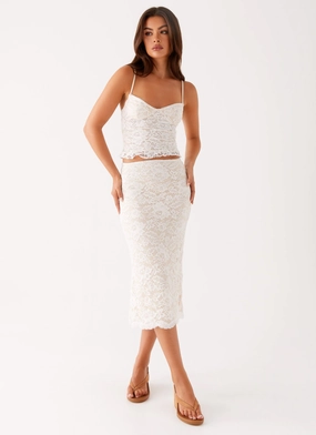 Crystal Clear Lace Midi Skirt - Ivory Luxury Finish Fast fashion