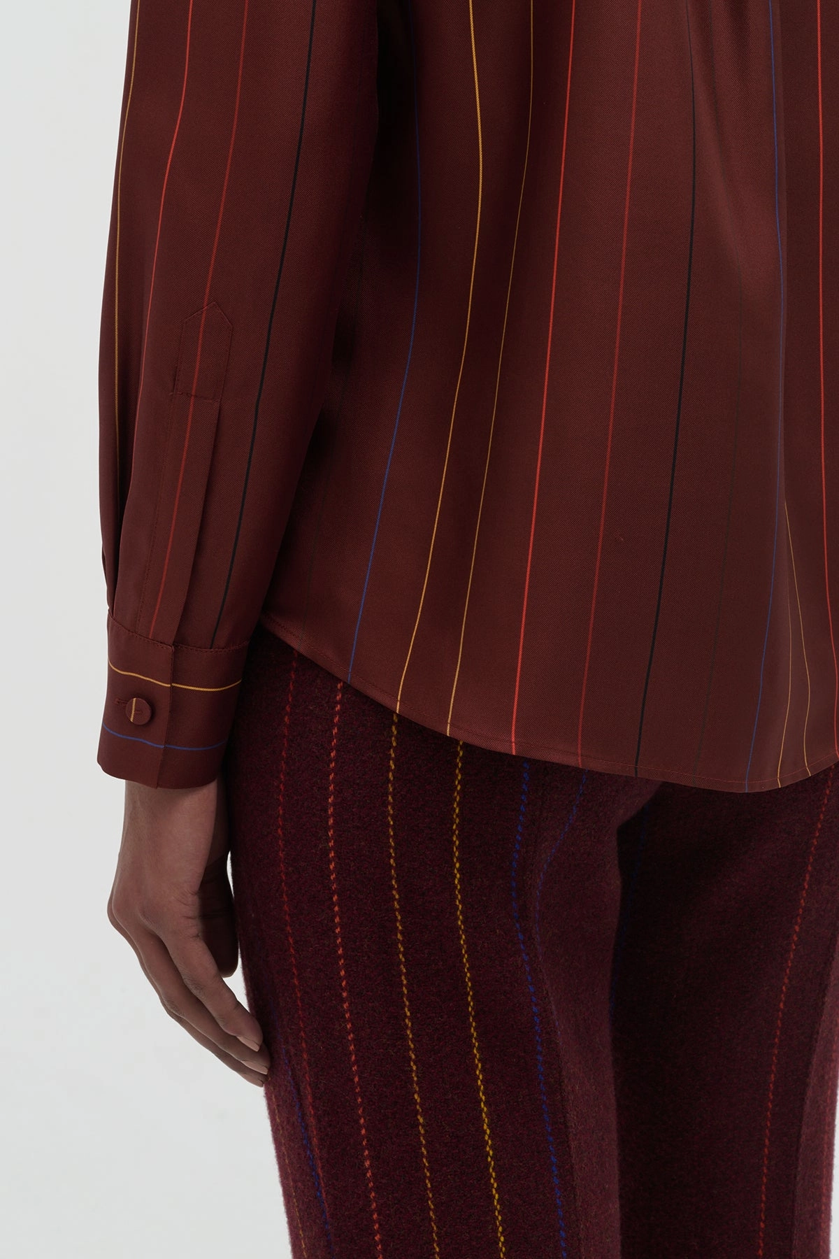 Henri Blouse in Burnt Sienna Multi Pinstripe Silk Twill Dapper Attire Timeless Design Fit