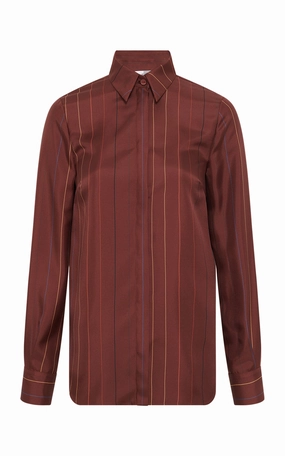 Elegant Finish Timeless Tailored Look Henri Blouse in Burnt Sienna Multi Pinstripe Silk Twill