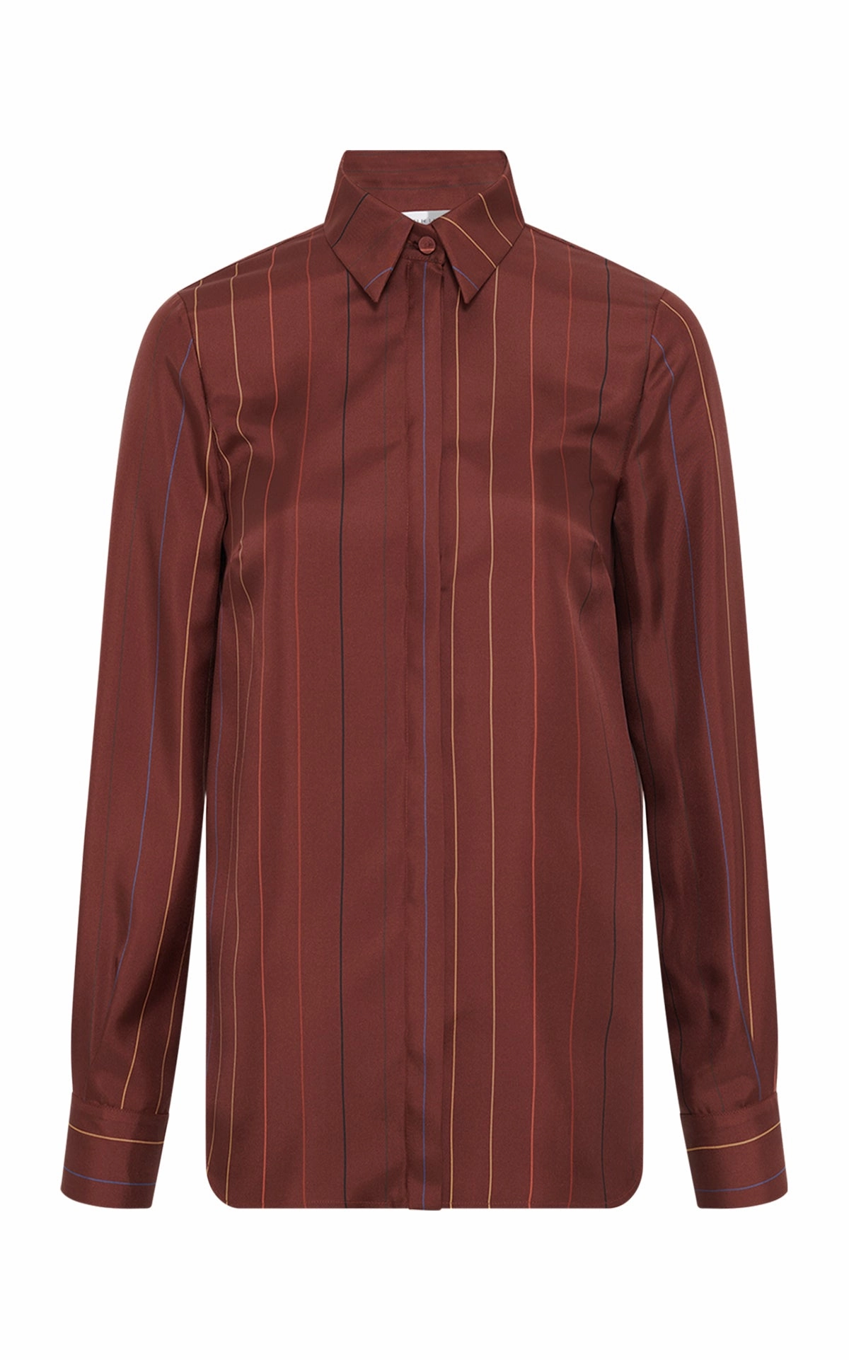Elegant Finish Timeless Tailored Look Henri Blouse in Burnt Sienna Multi Pinstripe Silk Twill