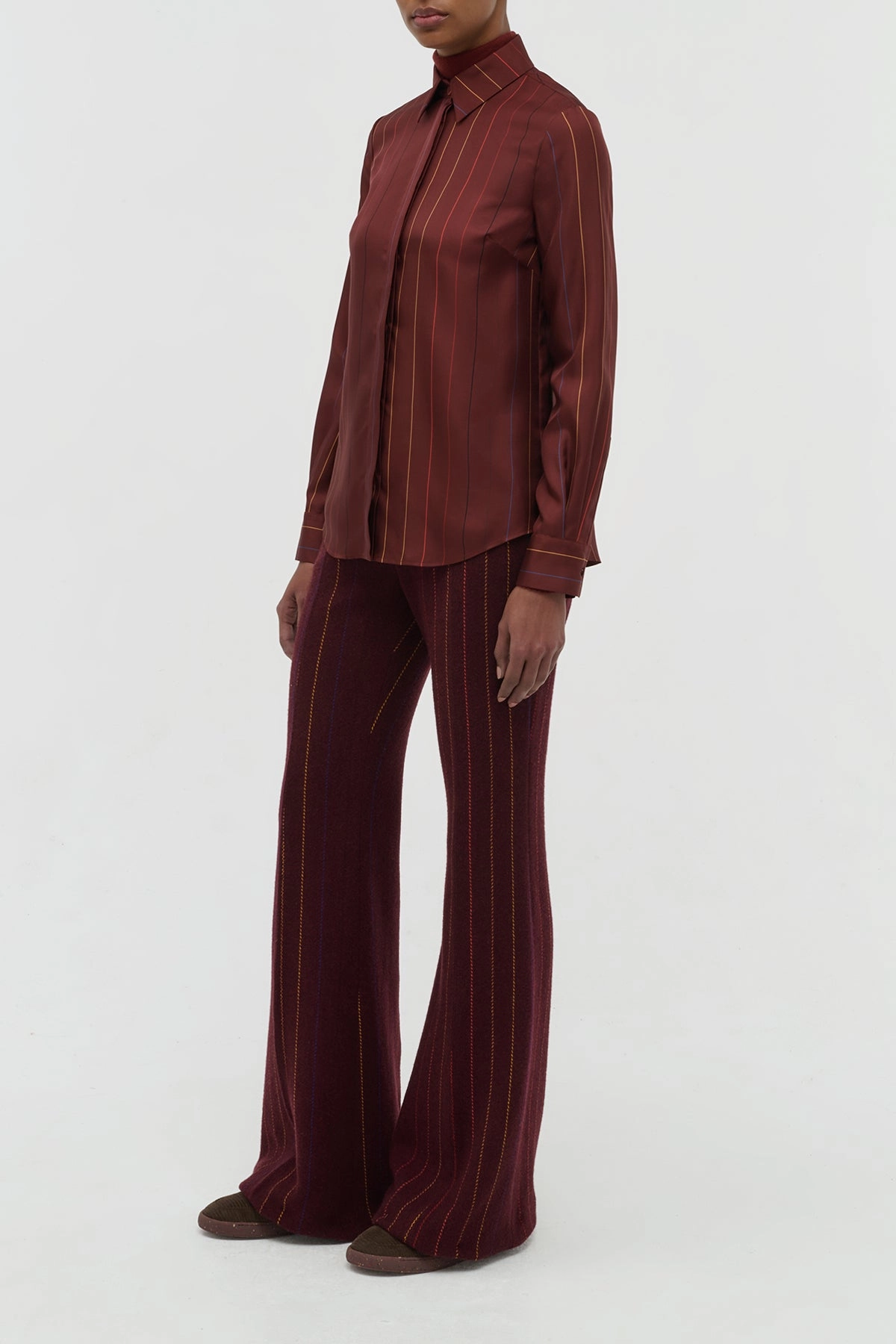 Henri Blouse in Burnt Sienna Multi Pinstripe Silk Twill Sculpted comfort Perfect Layers