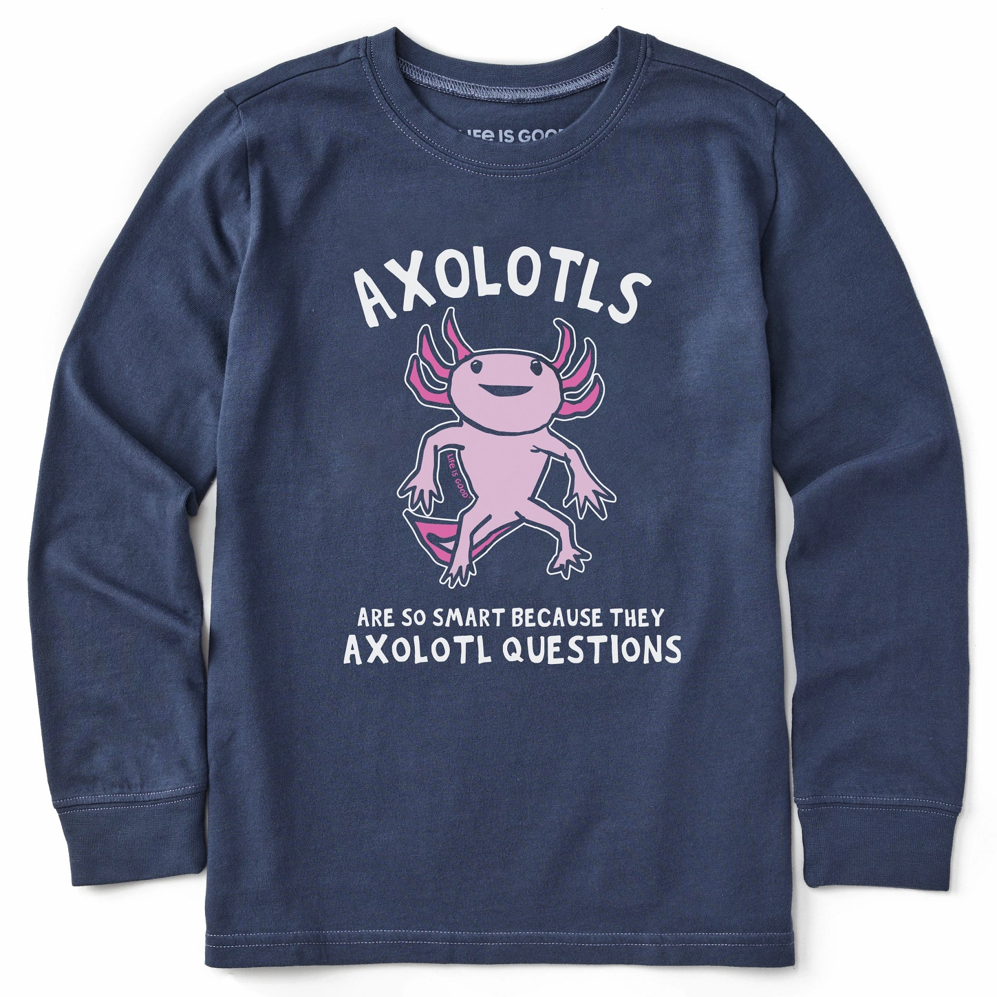 Recycled Polyester Blend Ethically Sourced Cotton Kids Axolotls Questions Long Sleeve Crusher Tee
