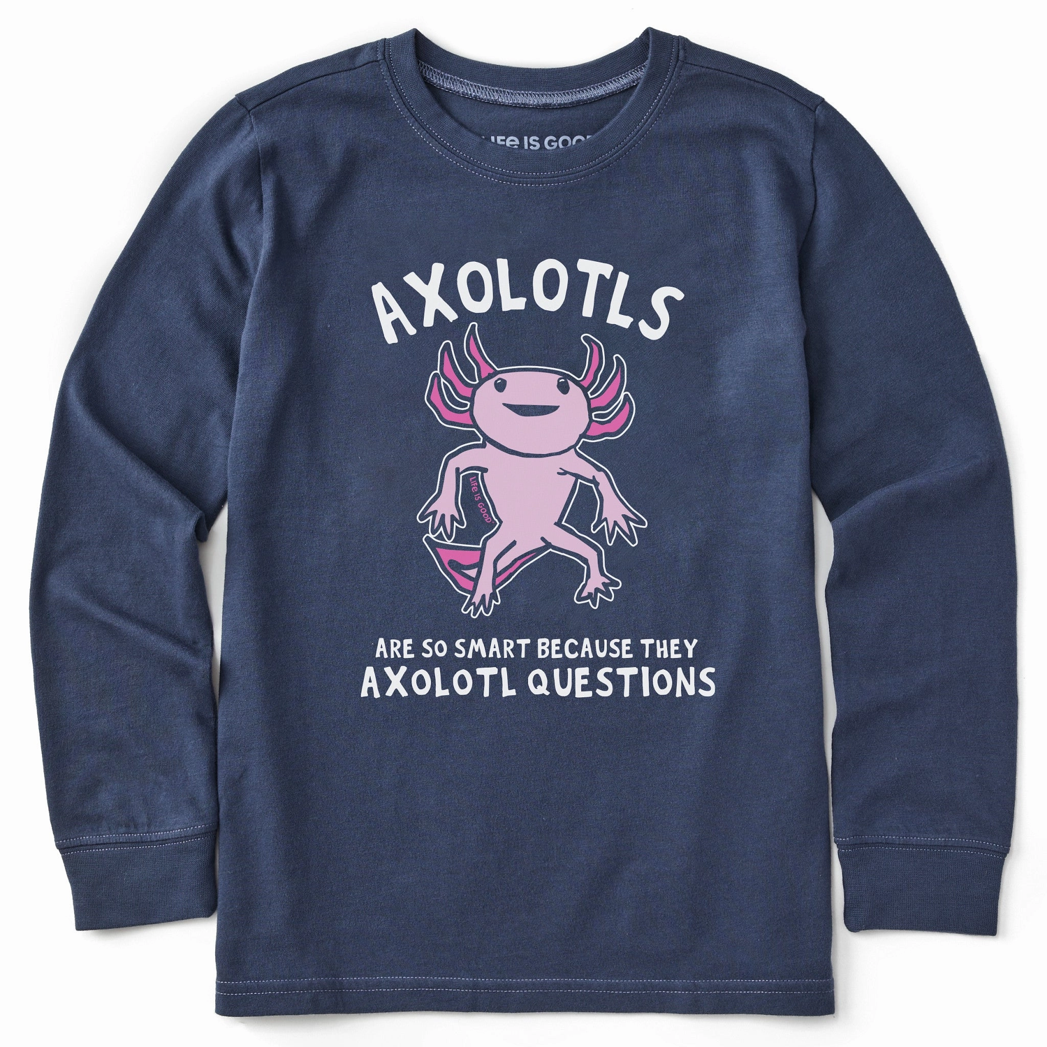 Soft and Stretchy Kids Axolotls Questions Long Sleeve Crusher Tee