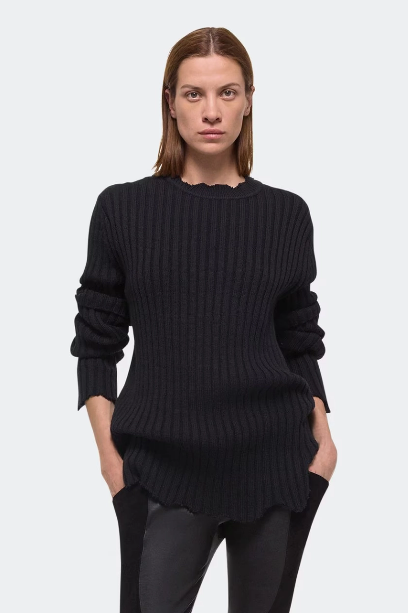 Flexible Neck Opening Distressed Ribbed Sweater