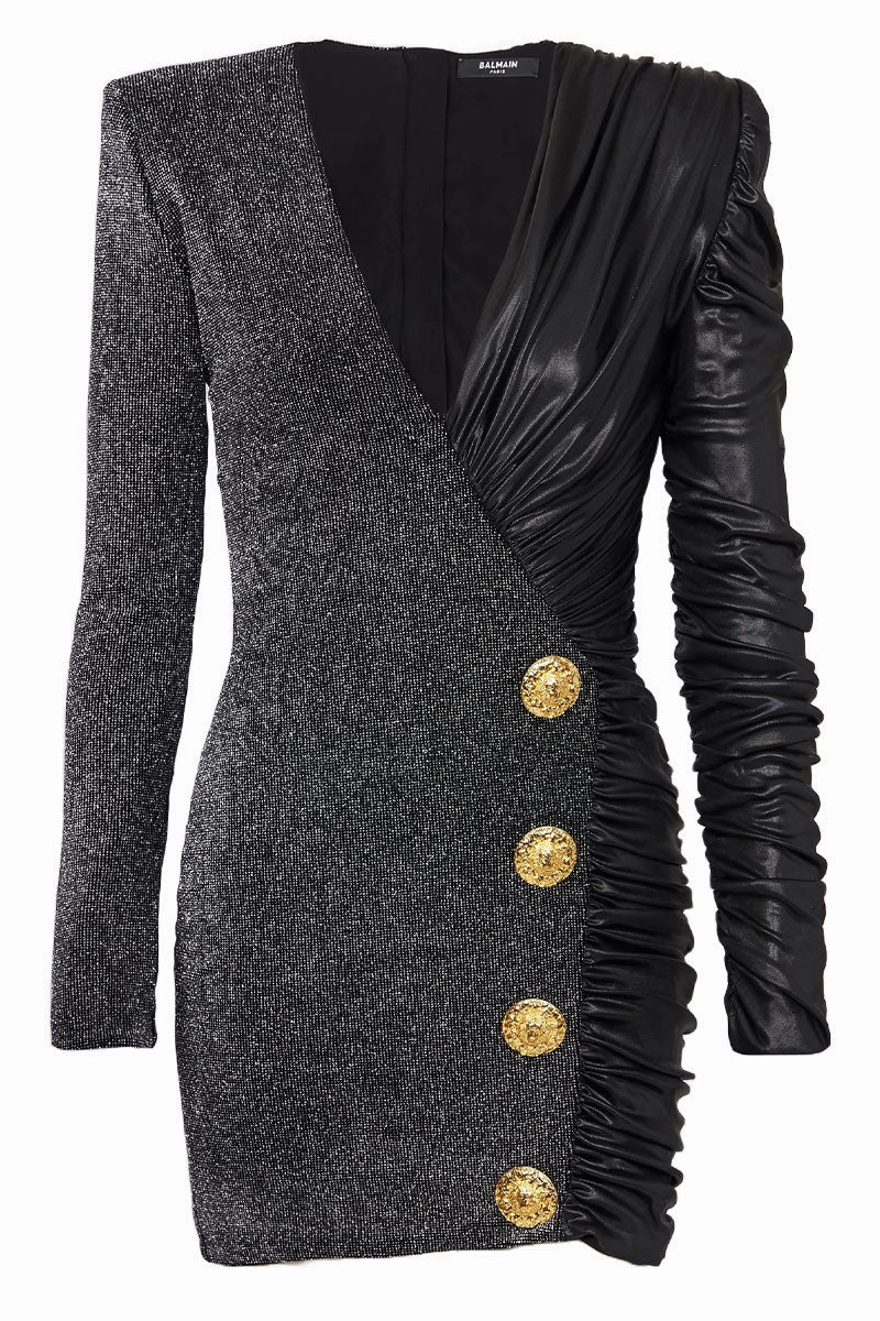 Dual-Fabric Draped Wrap Dress Fashion Essential Flattering Waistband Fit