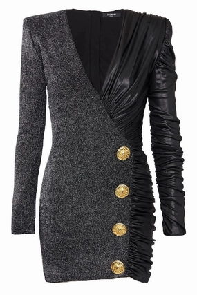 Dual-Fabric Draped Wrap Dress Fashion Essential Flattering Waistband Fit