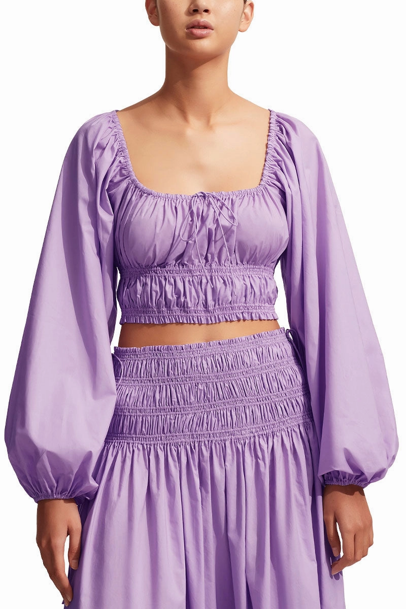 Matte Finish Neutral Toned Stitching Shirred Decolette Blouse